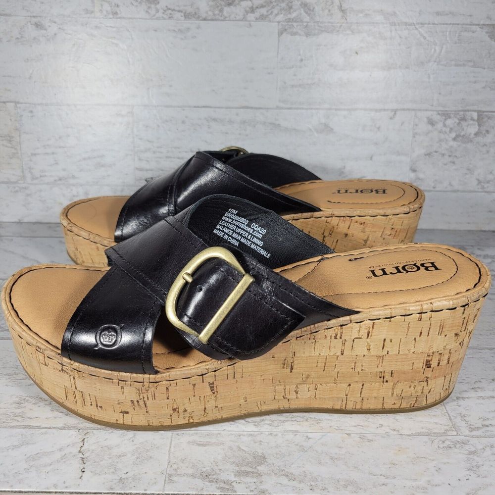 Born Sandals Womens Platform Wedge Cork Heels Black Strap Slide Size 10M